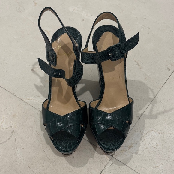 Christian Louboutin Shoes - Christian Louboutin Dark Green Croc-Embossed Wedges
